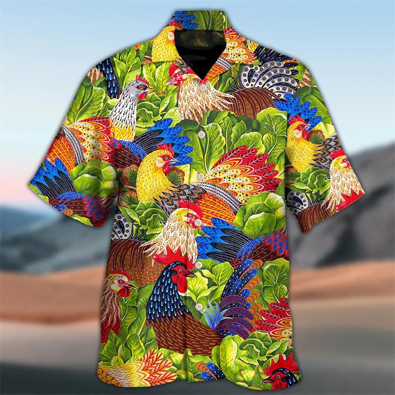 Latest Unisex Loose and Breathable 3D Printed Fashionable Chicken Shirt Beach Hawaiian Top Short Sleeved Summer Shirt