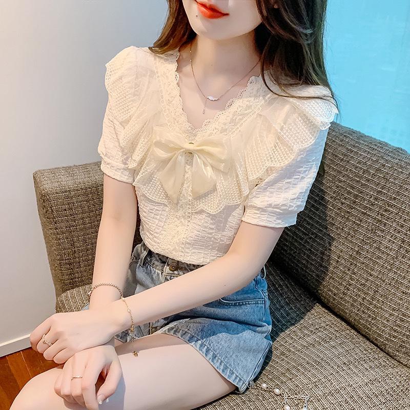 

Женская блузка в французском шике из кружева и шифона - Весенняя мода, короткий рукав, стройнящая и стильная XL 57.5-60kg