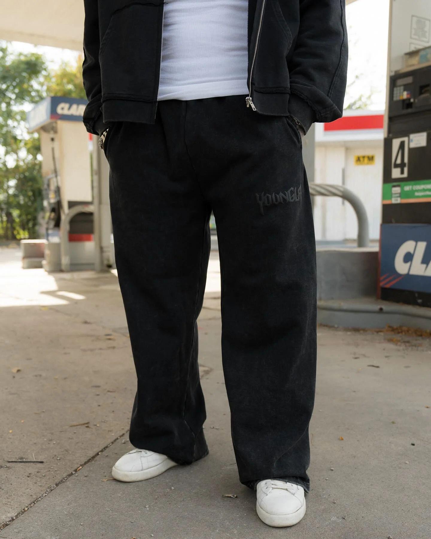 

YOUNGLA Мужские спортивные брюки из плотного хлопка - Повседневный свободный крой, Пухлая печать, Идеально для осени/зимы. XL чёрный