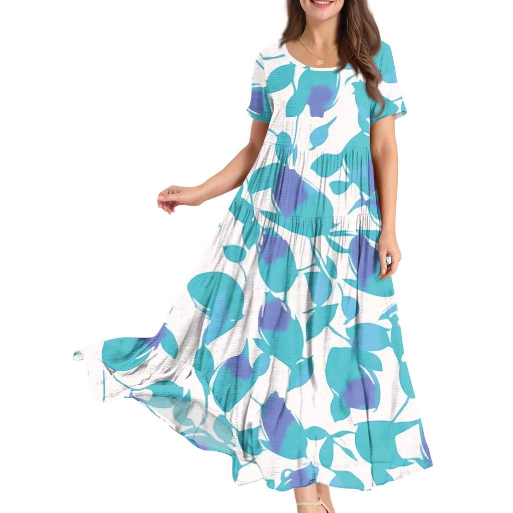 Damen Sommer Rundhals Kurzarm Geblümtes Boho Lockeres Kleid