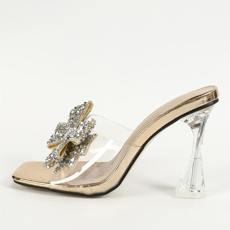 Fashion Silver Sequined Butterfly Knot Women Transparent Slippers Summer Square Toe Clear High Heels Sandals Female Shoes