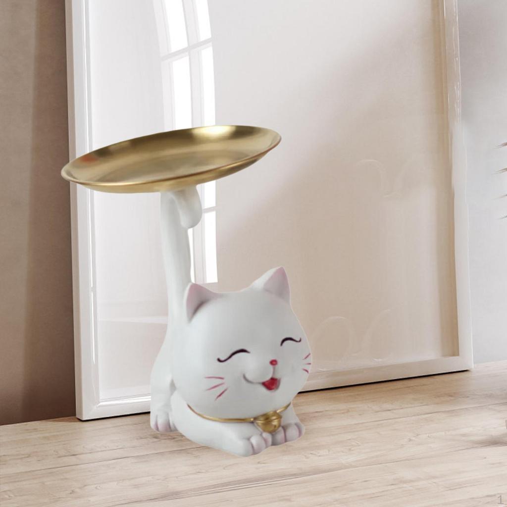 Cartoon Cat Statue Organizer Tray Animal Sculpture Fine Workmanship Resin Kitten Figurine Desk