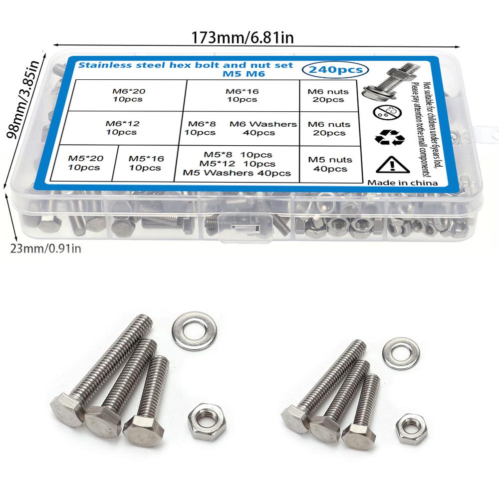240-piece set of stainless steel hex bolts and nuts, M5 and M6, lengths 8mm, 12mm, 16mm, and 20mm.