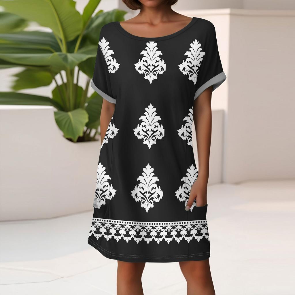 Women's Fashion Short Sleeve Dress With Pockets Floral Print Casual Beach Dress