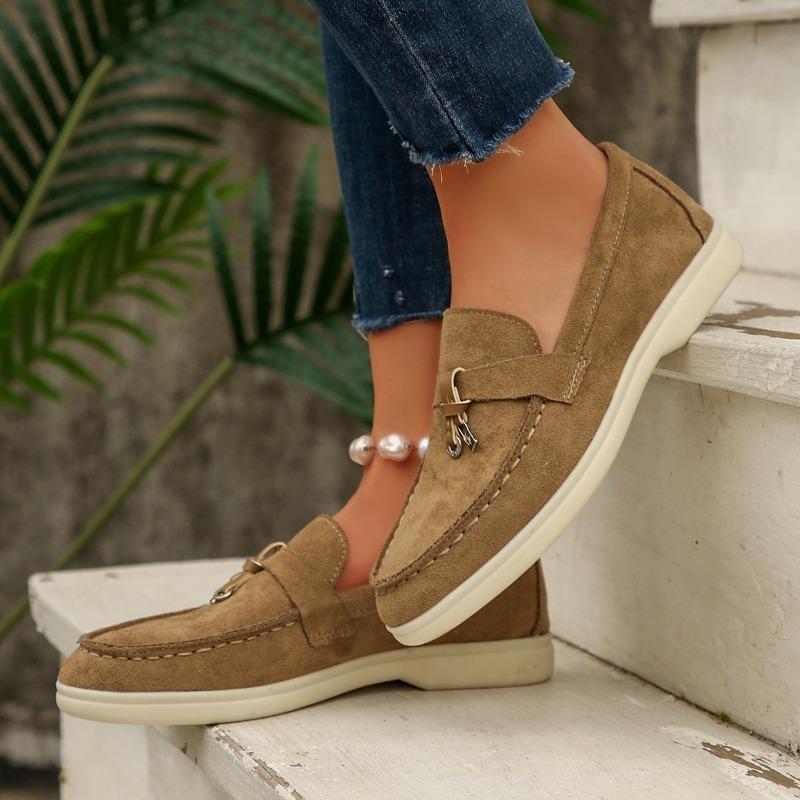 Fashion Retro Metal Buckle Loafer Plus Size 36-43 Casual Women's Single Shoe 2025 Autumn New Style Women Slip On Flat Lazy Bean Shoe