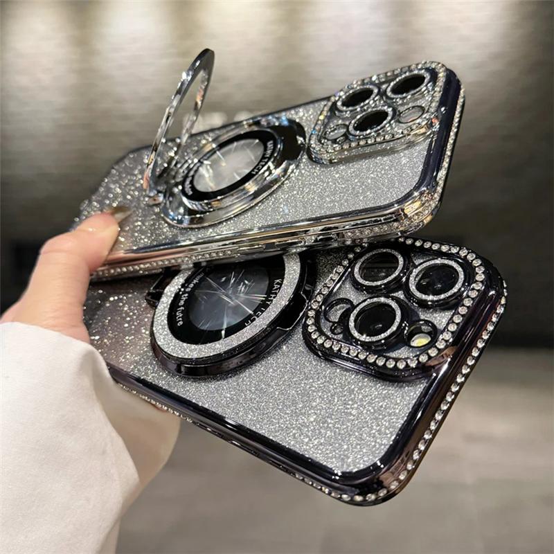 Luxury Plating For Magsafe Magnetic Stand Holder Glitter Diamond Case For iPhone 17 16 15 11 12 13 14 Pro Max Silicone Cover
