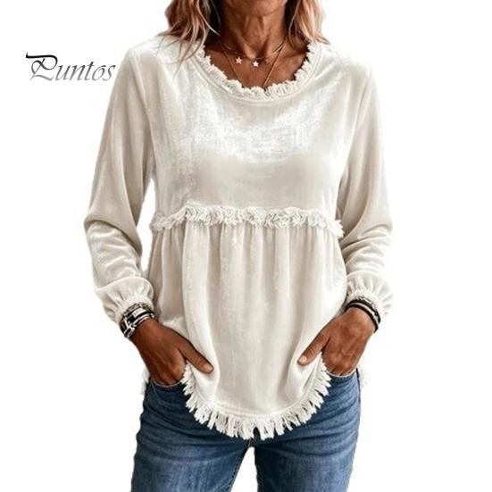 Autumn Outfit Women Fall O-Neck Shirt, Loose Fit Casual Fringe Blouse, Solid Long Sleeve Pullover Color Ruffle Top with Tassels Shirt