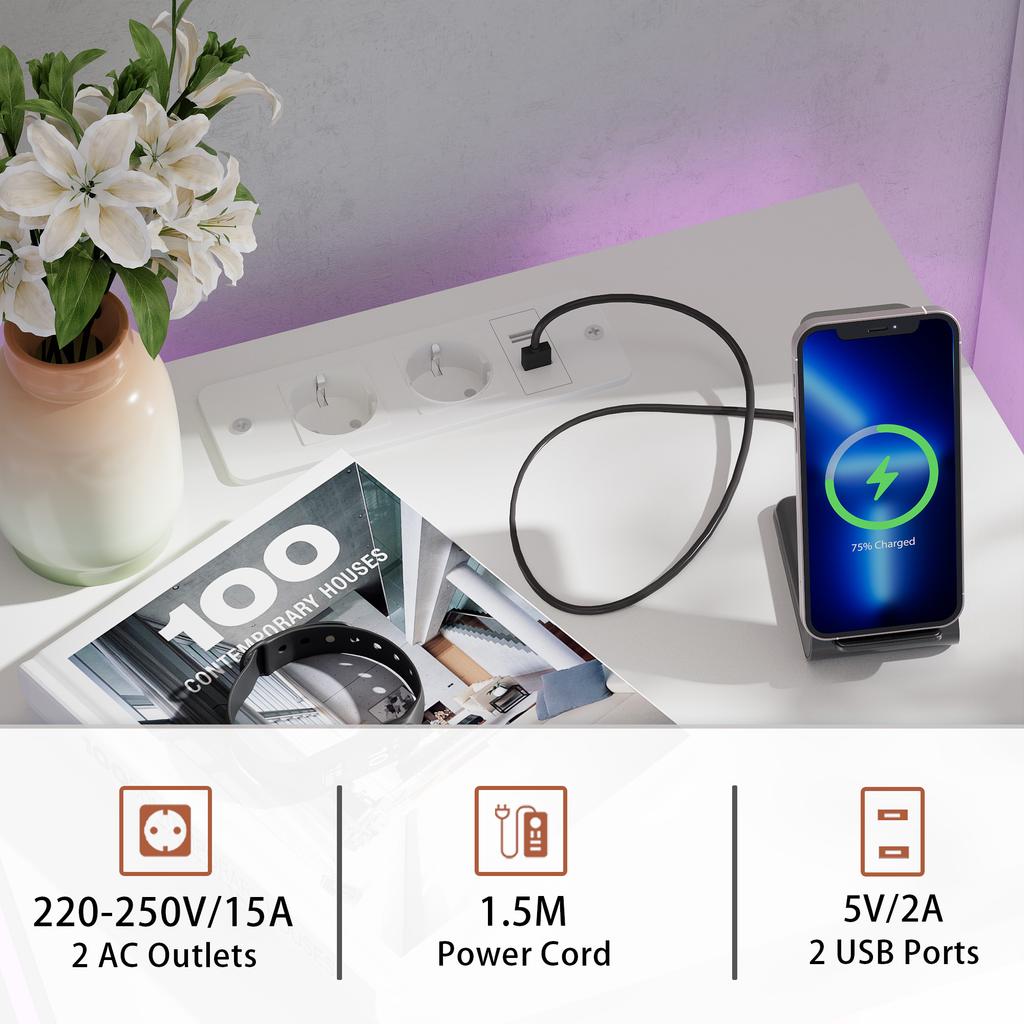 Bedside Nightstand with Narrow Profile Steel Frame and Fabric Drawers with Charging Station and LED Lights Modern Minimalist