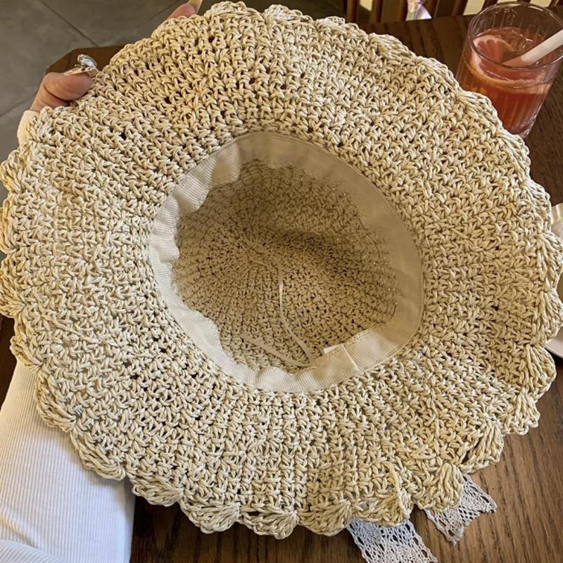 Summer Hats For Women Sun Hat Lace Ribbon Flower Sunhat Sunshade Foldable Beach Accessories Bucket Hat Female New