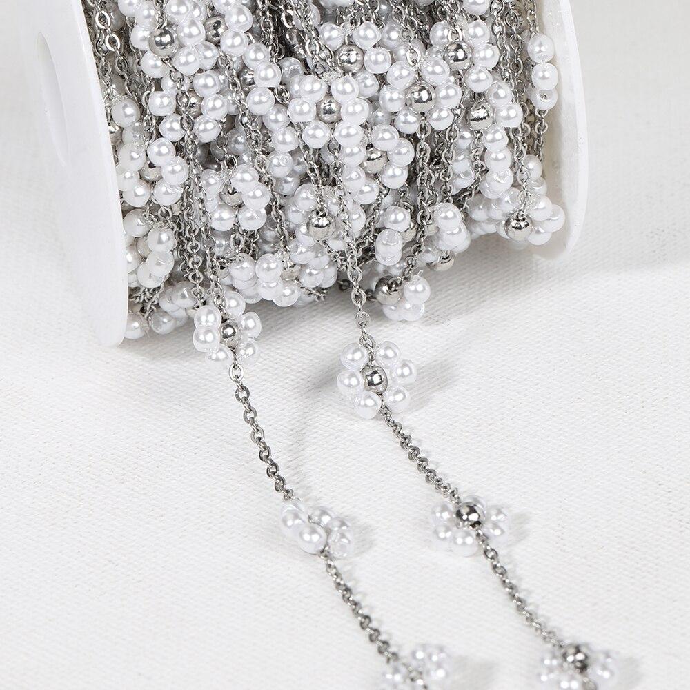 1Meter Stainless Steel Daisy Flower Imitation Pearl Beaded Chains for Necklace Bracelet Jewelry Making DIY Chain Supplies