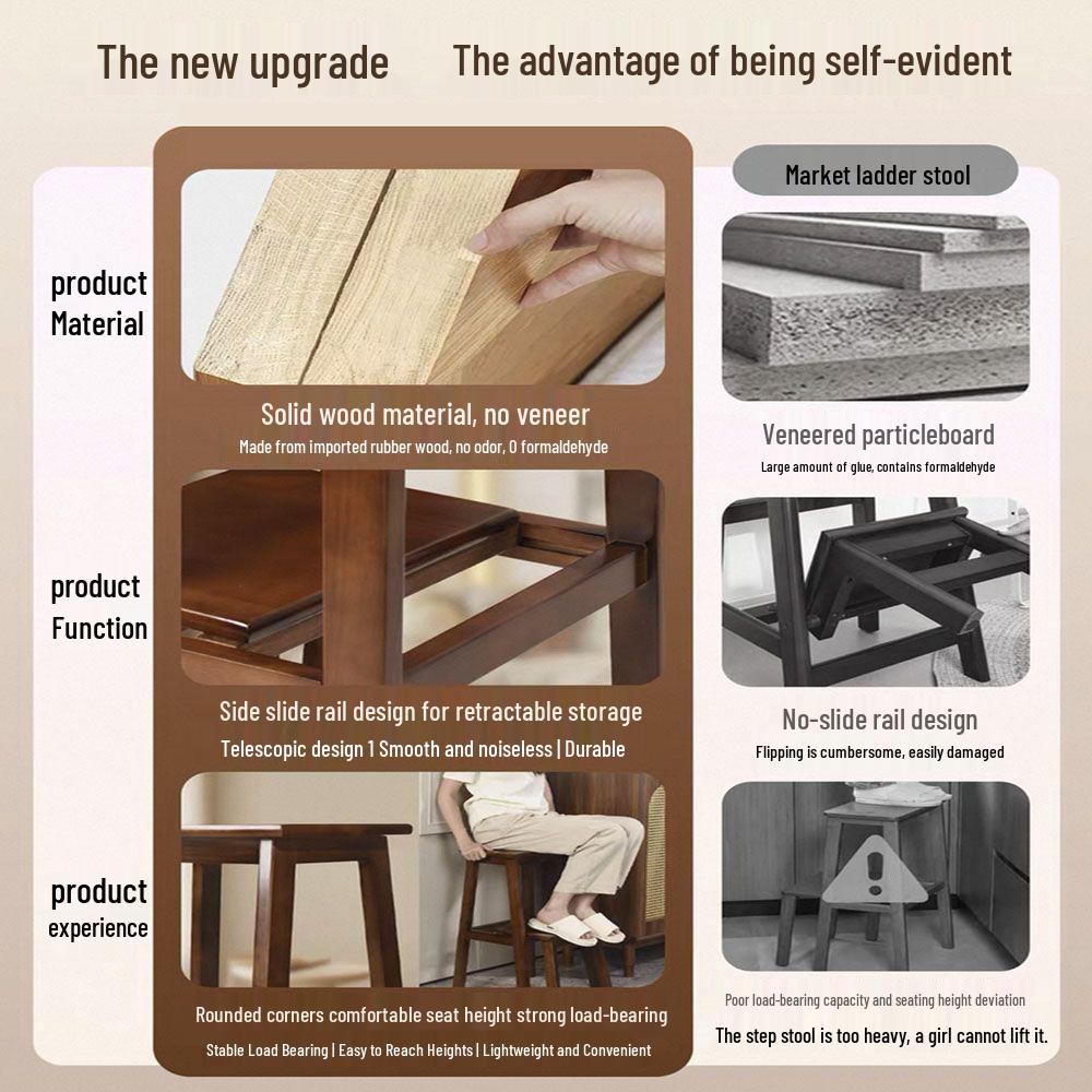 Solid Wood Retractable Ladder Stool: Multi-Functional Side Table & Folding Ladder in Chinese Style