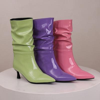 Slouch Boots Women's Patent Leather Mid Calf Boots Pointed Toe Strange Style Shoes 2024 Autumn Winter Footwear