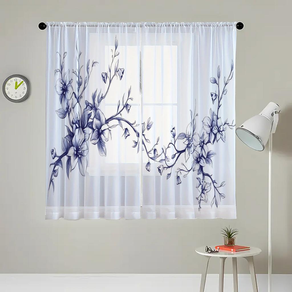 2 Pieces HD Digital Leaf Flowers  Printed Window Screen Home Decor Style Decoration Living Room Window Screening