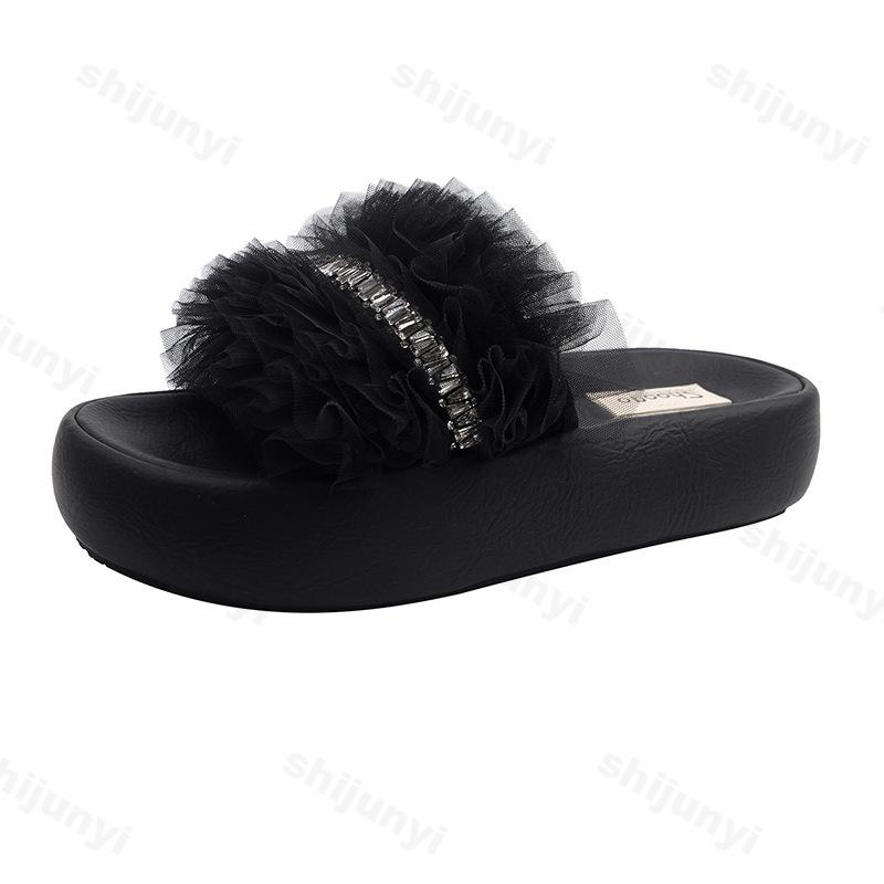 

Fashion Rhinestone Mesh Design Casual Slippers for Women 2025 Summer New Open Toes Thick Sole Comfortable Sandals Fashion Beach Draggers 35 чёрный