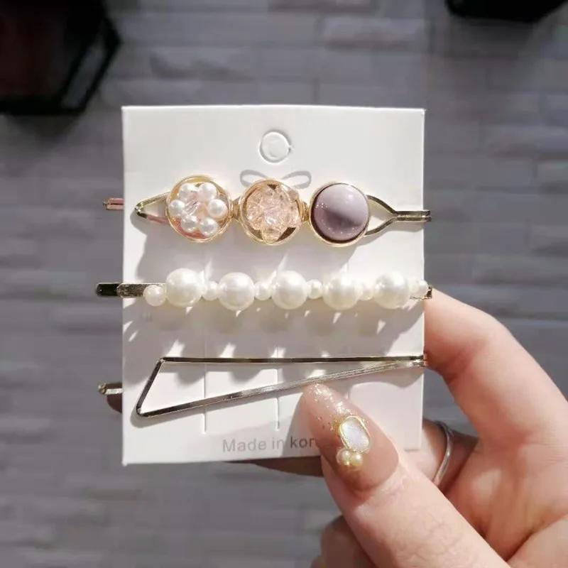 Korean Version of A Word Clip Set of Pearl Gravel Hair Clip Temperament Edge Clip Sweet Girl Heart Hair Ornament Female