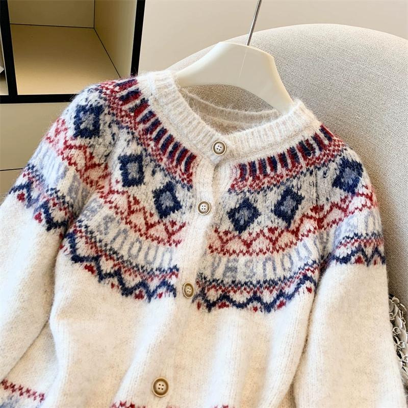 DIMANAF 2025 Autumn Sweaters Cardigan Women Pattern Printing Buttons Sweaters Knitting Loose White Sweater