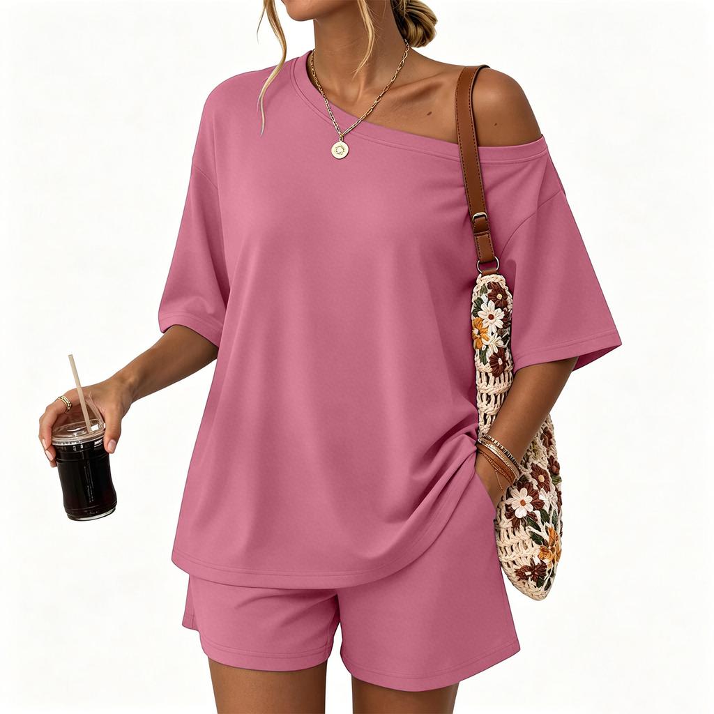 Women Casual Two Piece Set Short Sleeve Loose Fit Top and Elastic Waist Shorts Lightweight Lounge Wear Summer Outfit