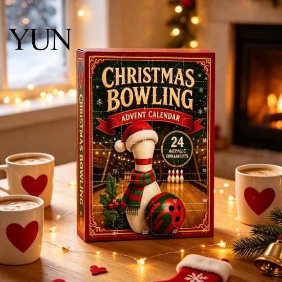Reusable Acrylic Pendant Set Christmas Advent Calendar with 24 Pendants, 2D Flat Bowling Theme Durable Double Sided Printed Ornaments Hanging