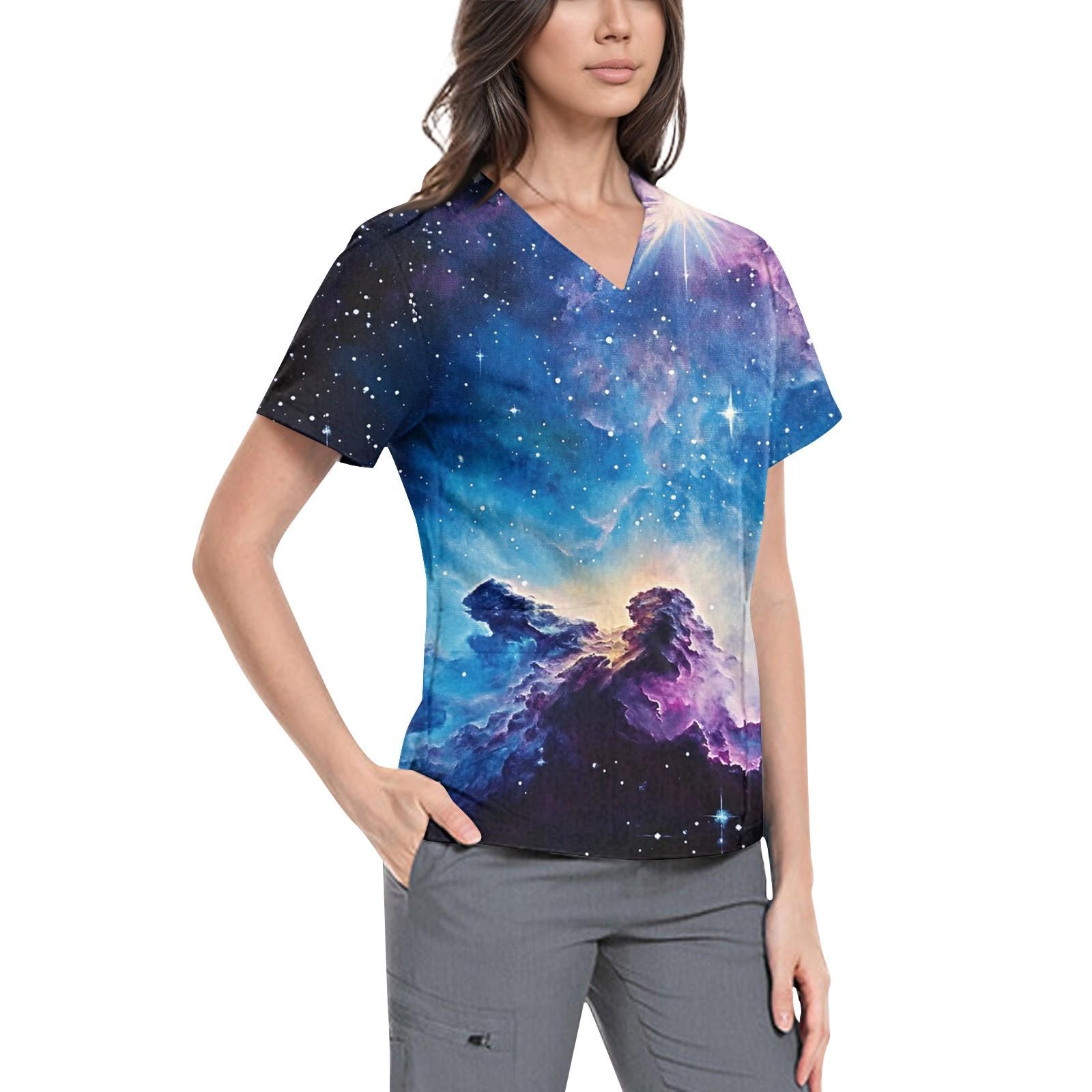 

Женская симпатичная принтованная рабочая одежда с V-образным вырезом, двухслойными карманами, базовым коротким рукавом, пуловером S синий