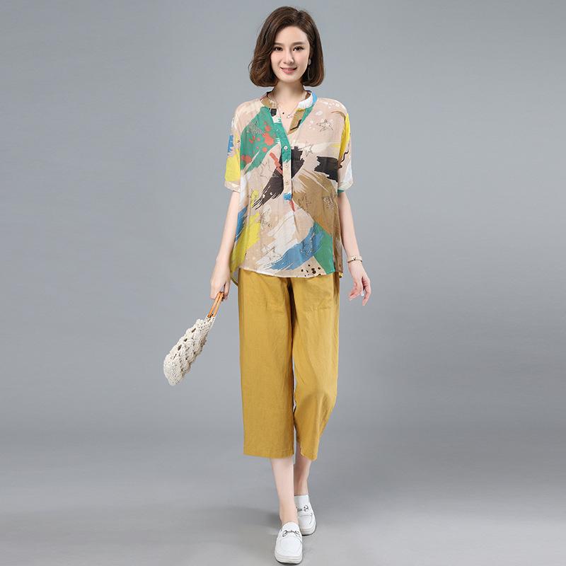 

2025 Летний комплект из хлопка и льна больших размеров, состоящий из двух предметов, для женщин среднего и пожилого возраста XXL жёлтый