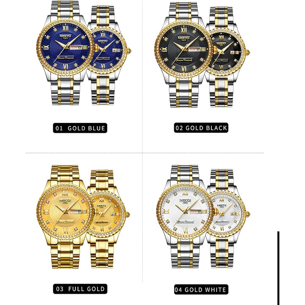Pair Classic Stainless Steel Watches for Couples with Diamond Accents, Waterproof, Gold Finish