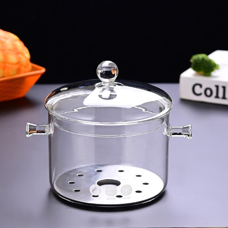 Transparenter Glastopf mit großem Fassungsvermögen, verdickter temperaturbeständiger doppelohriger Instant-Nudeltopf mit Deckel, kann mit offener Flamme erhitzt werden, Gesundheitstopf