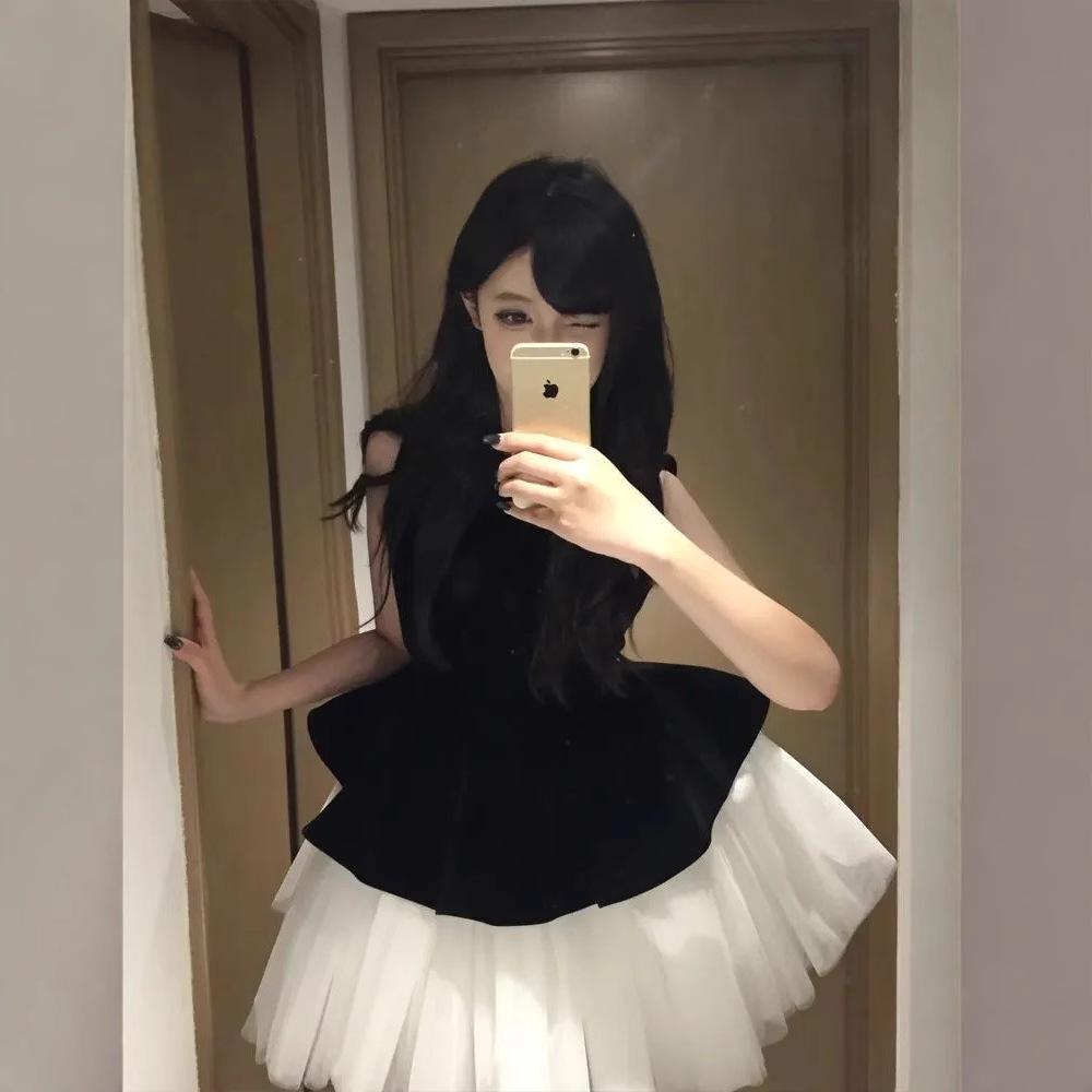 Velvet Patchwork Sleeveless Princess Dress for Women - Summer Waist-Slimming Puffy Tank Style