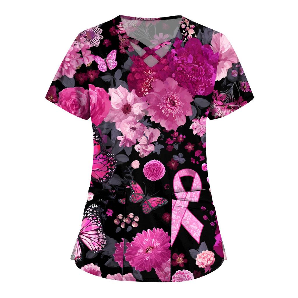 Women's Fashion V-Neck Short Sleeve Overalls Double Layer Pocket Printed Tops Apparel