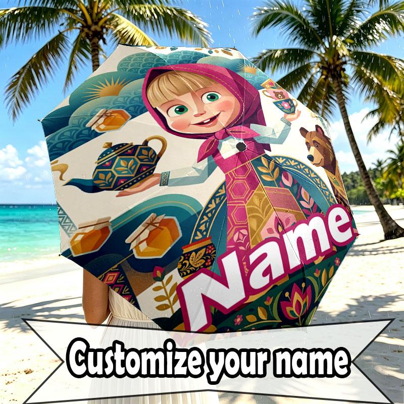 Custom Name Personalized Masha and the Bear Print Umbrella, Auto Open Close, 8‑Rib Sturdy Frame, Commute Camping Hiking Use, Birthday Gift