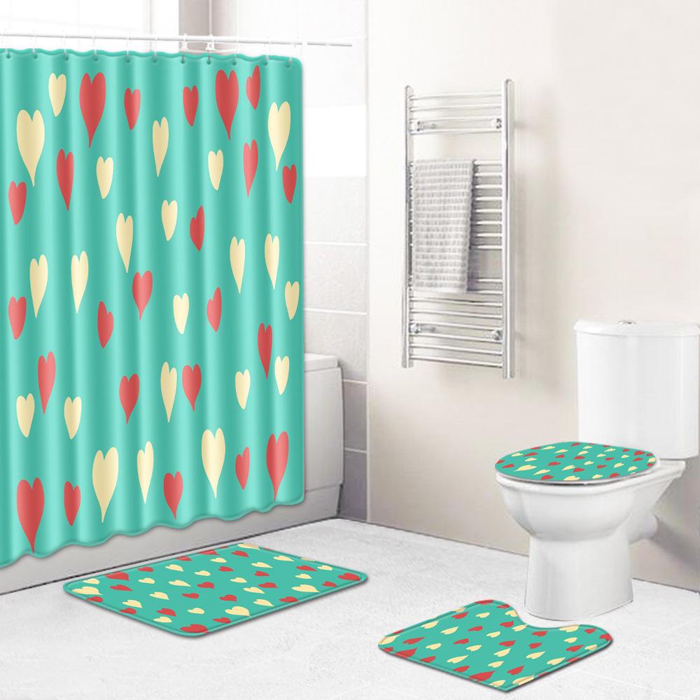 Love Valentine'S Day Shower Curtain Floor Mat Four-Piece Set Bathroom Non-Slip Door Mat Bedroom Carpet