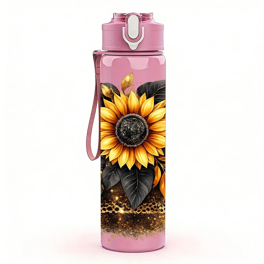 1PC Sunflower Dried Flower Art Print 750ml Color Plastic Sports Water Bottle Leakproof Flip Straw Lid Suitable for Sports Office Home Use