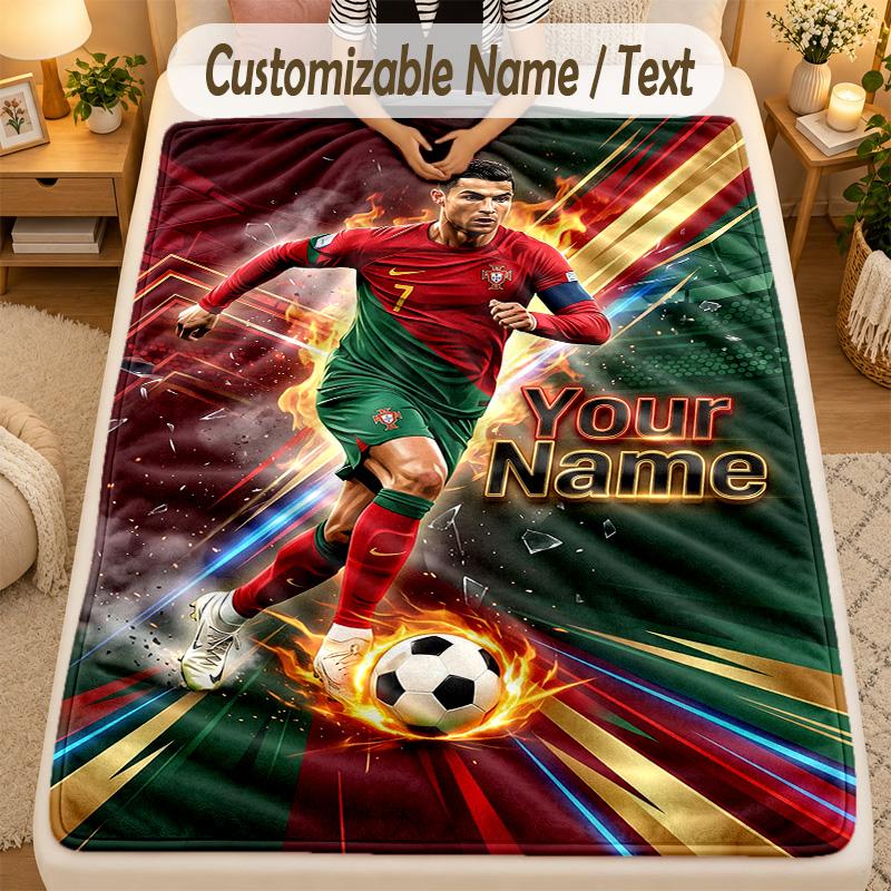 Flannel BlanketCristiano Ronaldo Custom Name Text Personalized Soft Warm Throw Blanket Home Decor Gift