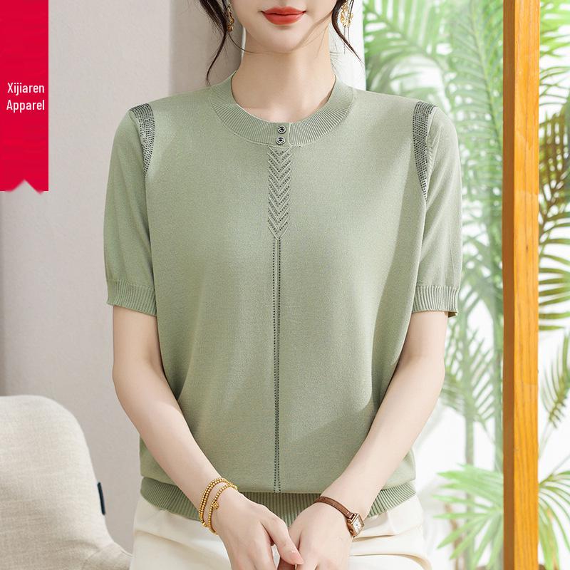 2026 Summer Women's Ice Silk Knit Short Sleeve T-Shirt - Lightweight, Breathable Top for a Cool Season