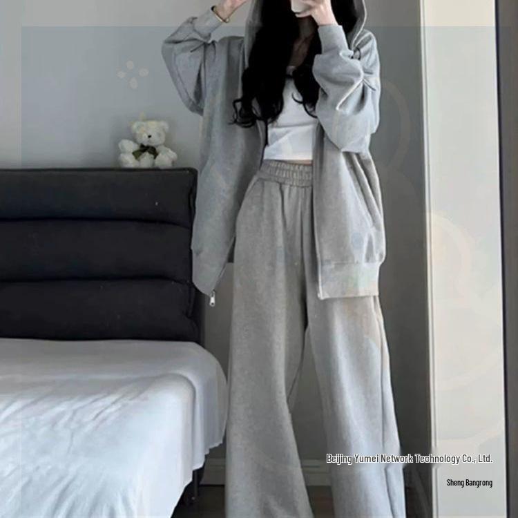 Women's Loose Hooded Grey Sweatshirt & Wide-Leg Pants Set for Autumn/Winter
