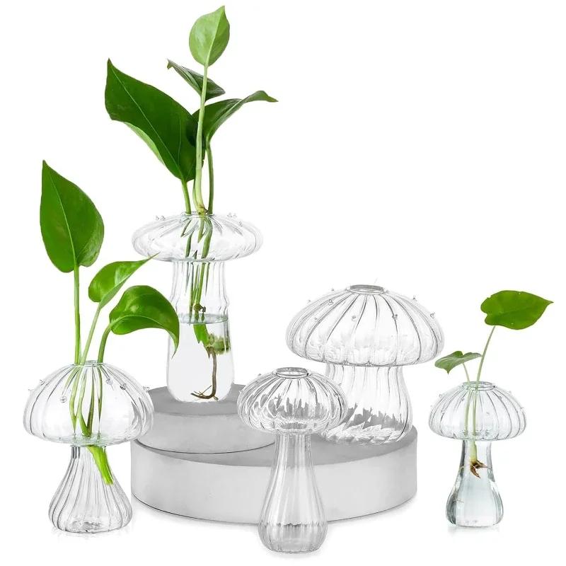 5Pcs Glass Mushroom Flower Vase Cute Colored Glass Vase Unique Bud Small Vase Flowers, Aesthetic Decorative Vases for Home Decor