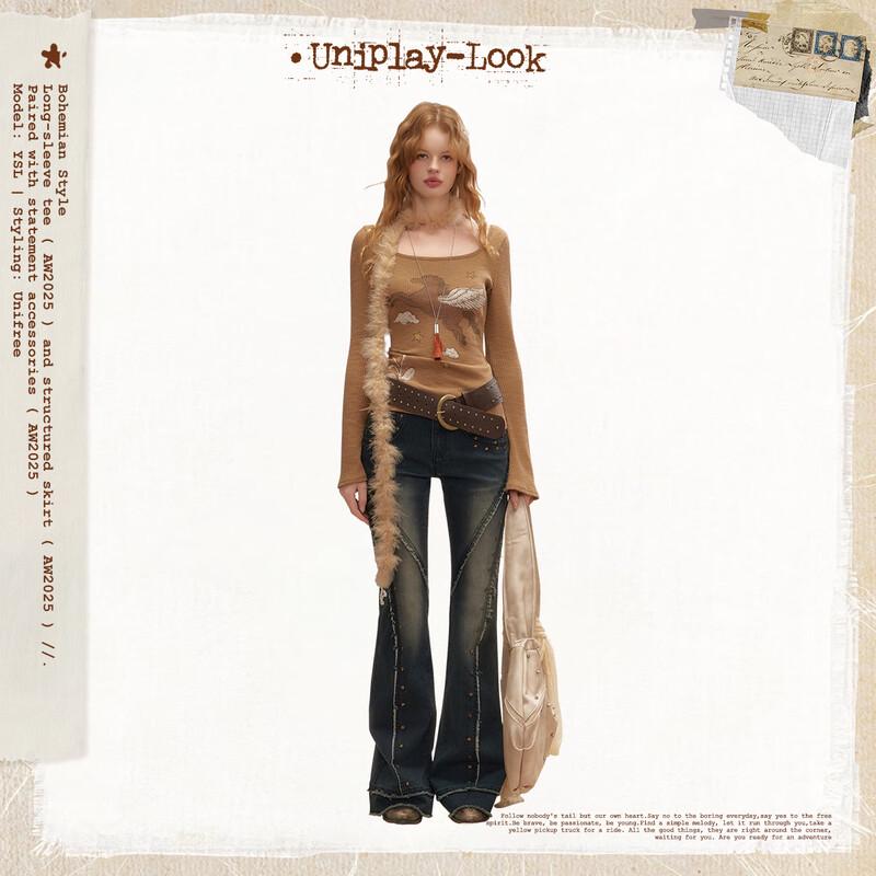 UNIFREE Women's Retro Washed Low-Rise Bootcut Jeans