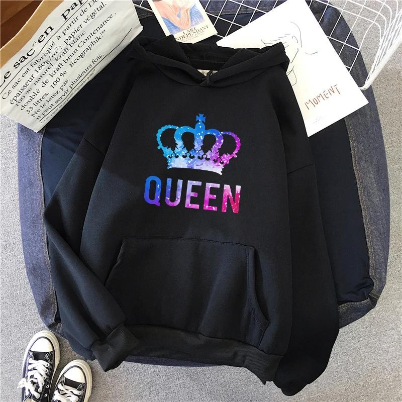 Queen King Print Sweatshirts Couples Daily Casual Sporty Hooded Long Sleeve Pullover Woman Men Home Outdoor Comfort Warm Hoodies