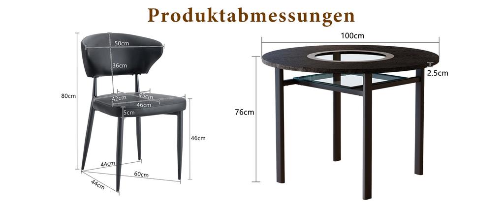 Juego de mesa redonda minimalista (con 2 sillones negros de material PU y respaldo curvo de confort), con 100 cm de diámetro en aspecto de madera negra.