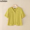 VONDA Women V Neck Short Sleeve Buttons Up Casual Elegant Cropped Blouse