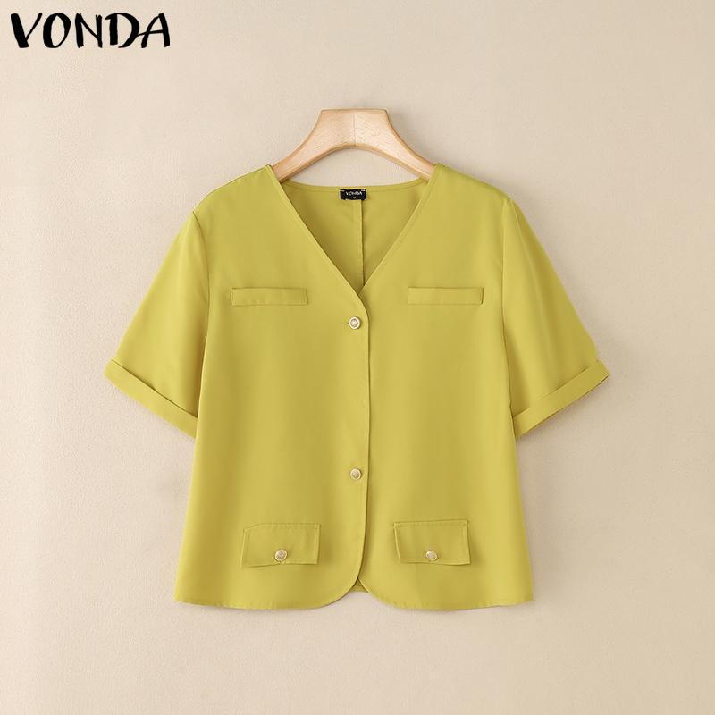 VONDA Women V Neck Short Sleeve Buttons Up Casual Elegant Cropped Blouse