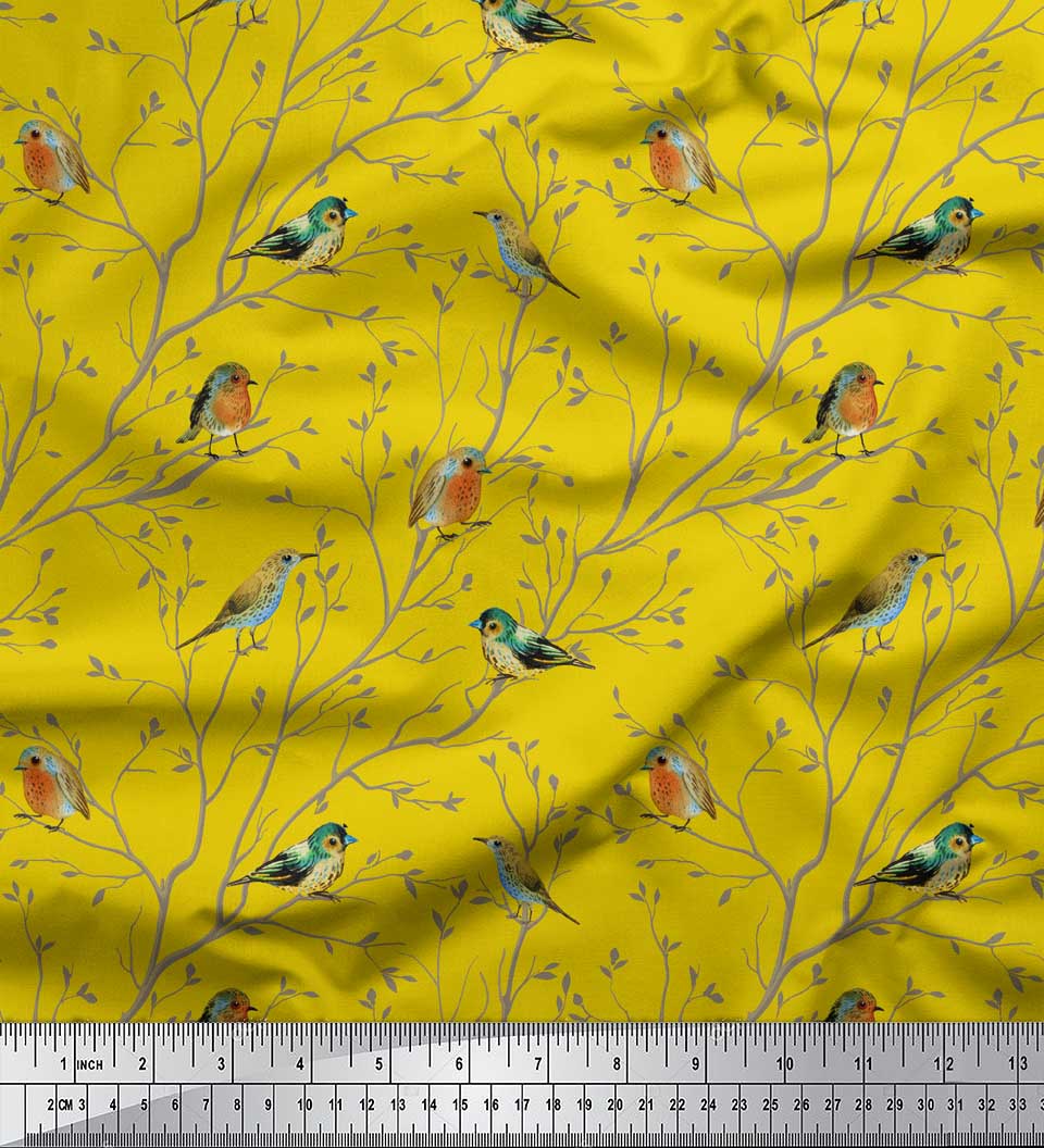 

Beige Poly Crepe Fabric Leaves & Flowerpecker Bird Fabric Prints на метр 42 дюйма 42 Inch Wide - Poly Crepe жовтий