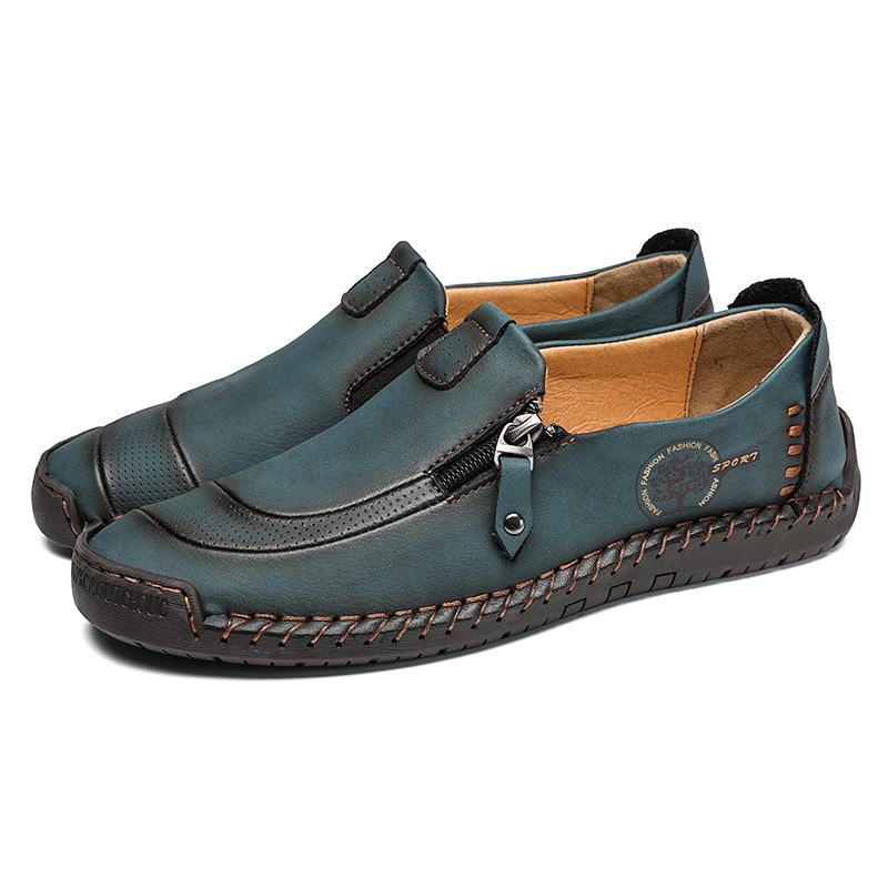 Spring/Autumn Casual Leather Slip-on Loafers: Men s Handmade Fashion Zipper Shoes, Large Size 42 синий
