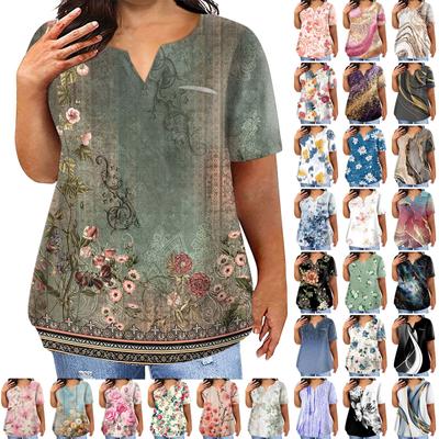 Tricou cu buzunare, cu mâneci scurte, cu mânecă scurtă, cu gât rotund, cu imprimeu floral retro