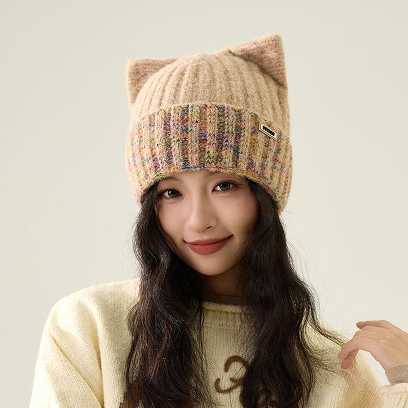 Cat Ear Wool Hat Women's Autumn Winter Warm Knitted Hat Thick Hat