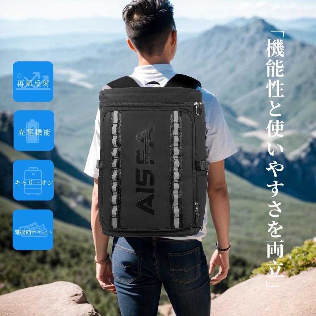 [AISFA] Men's Large Capacity Backpack, Sports Backpack, Business Backpack, Square Shape, Waterproof, Fits 17-inch Laptop, 2-Compartment Design, Expand