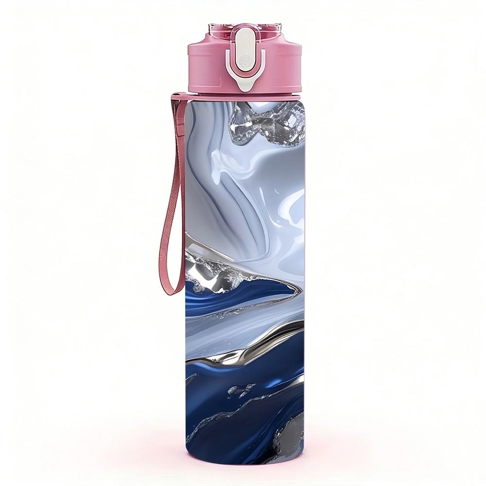 1PC Dark Blue Fluid Marble Pattern 750ml Color Plastic Sports Water Bottle Leakproof Flip Straw Lid Suitable for Sports Office Home Use