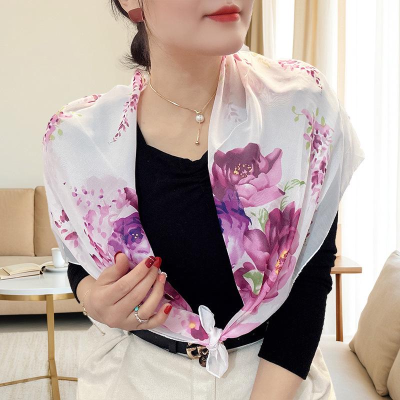 Large 95cm Square Korean Silk Chiffon Scarf for Women - Printed Neck or Head Scarf