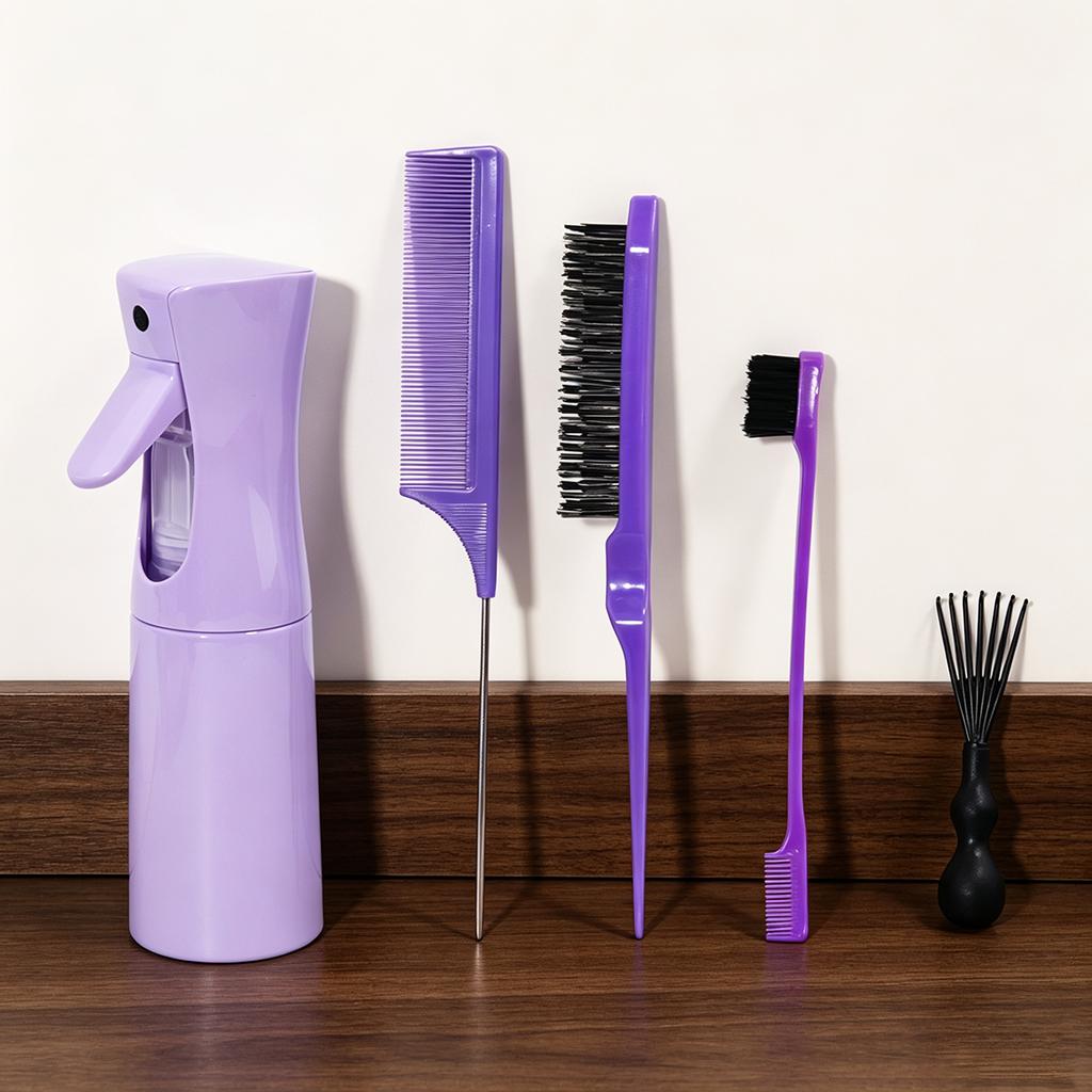 5Pcs Hair Styling Set Continuous Spray Bottle Rat Tail Comb Edge Control Brush with Comb Cleaning Hook for All Hair Types