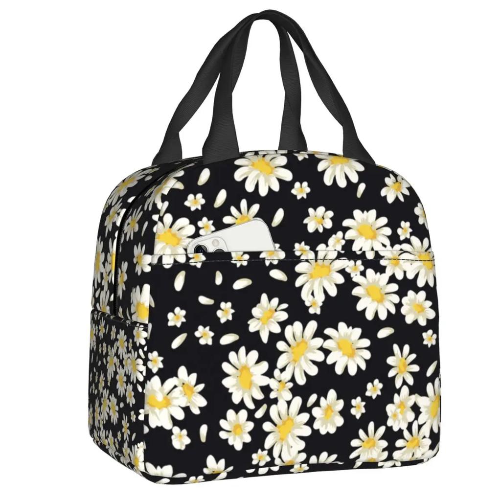 Custom Daisy Floral Lunch Bag Women Cooler Thermal Insulated Daisies Flower Lunch Box for Kids School Work Picnic Food Tote Bags