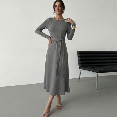Women Spring Autumn Commuter Style O Neck Long Sleeve Casual Solid Color A Line Dress